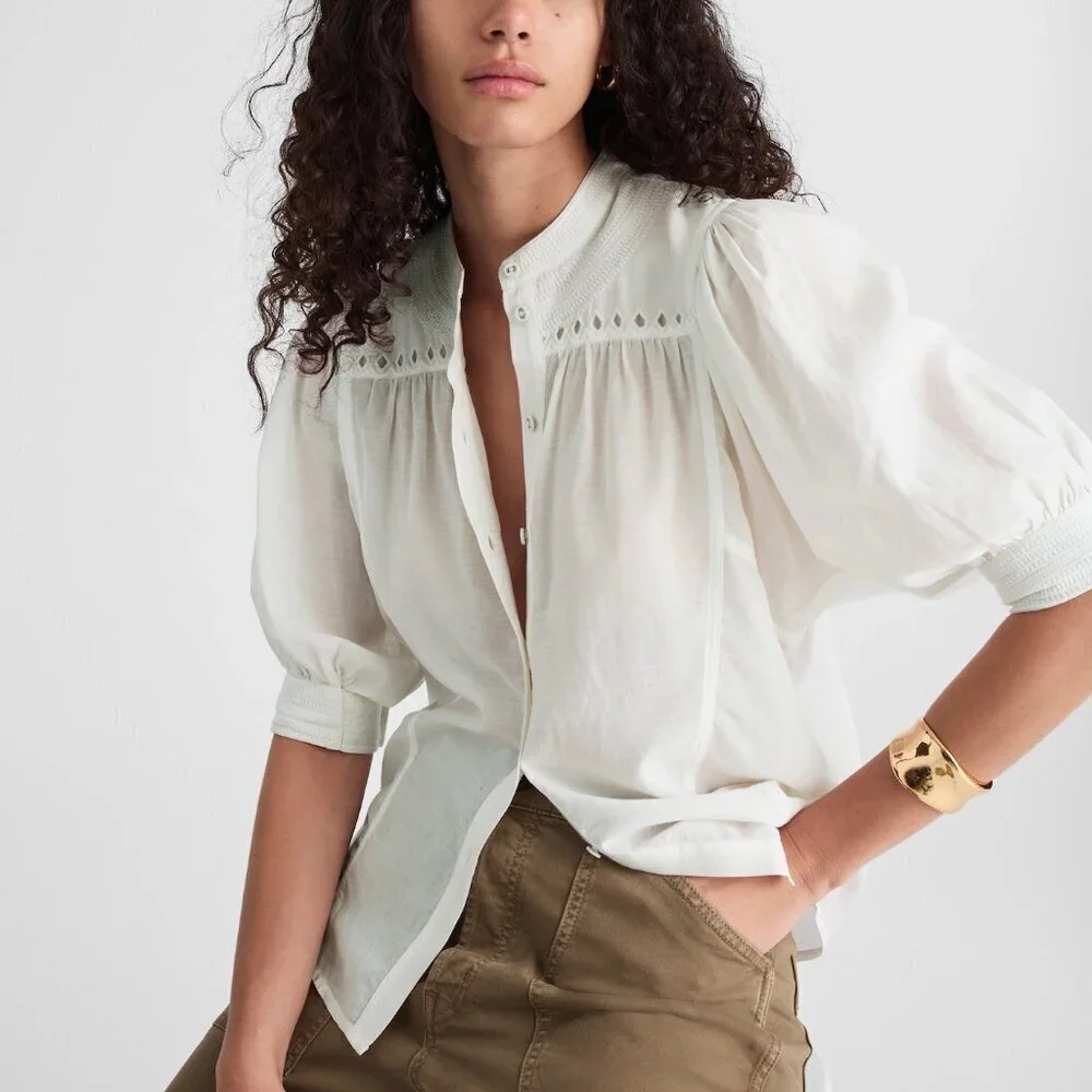 Madewell Puff-Sleeve Band-Collar Lightweight Shirt White Size 4/S NWT
